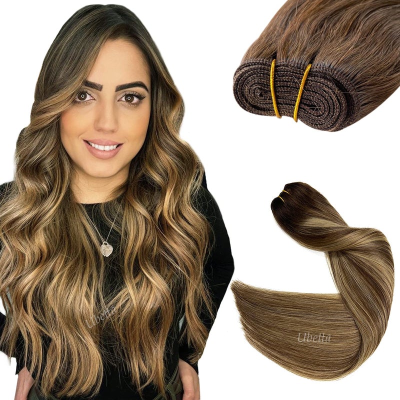Ubetta Sew in Hair Extensions Real Human Hair, Ombre Brown and Caramel Blonde Highlights Balayage, 120G 24 Inch Hand Tied Weft, Human Hair Extensions - Image 1